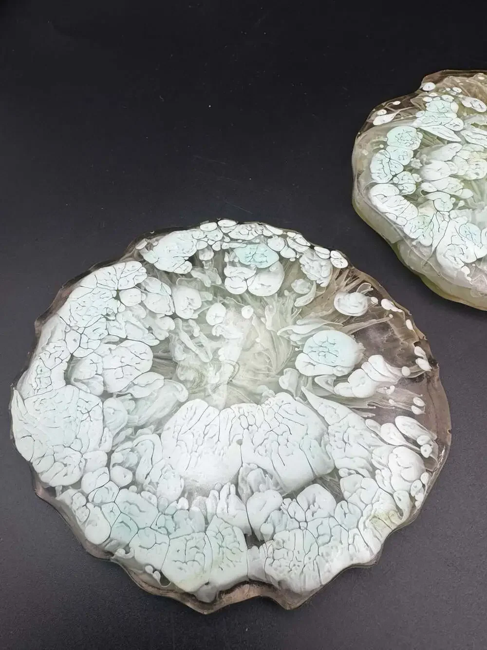 Set of 3 Handmade Resin Coasters with Green and White Alcohol Ink Petri Dish Des